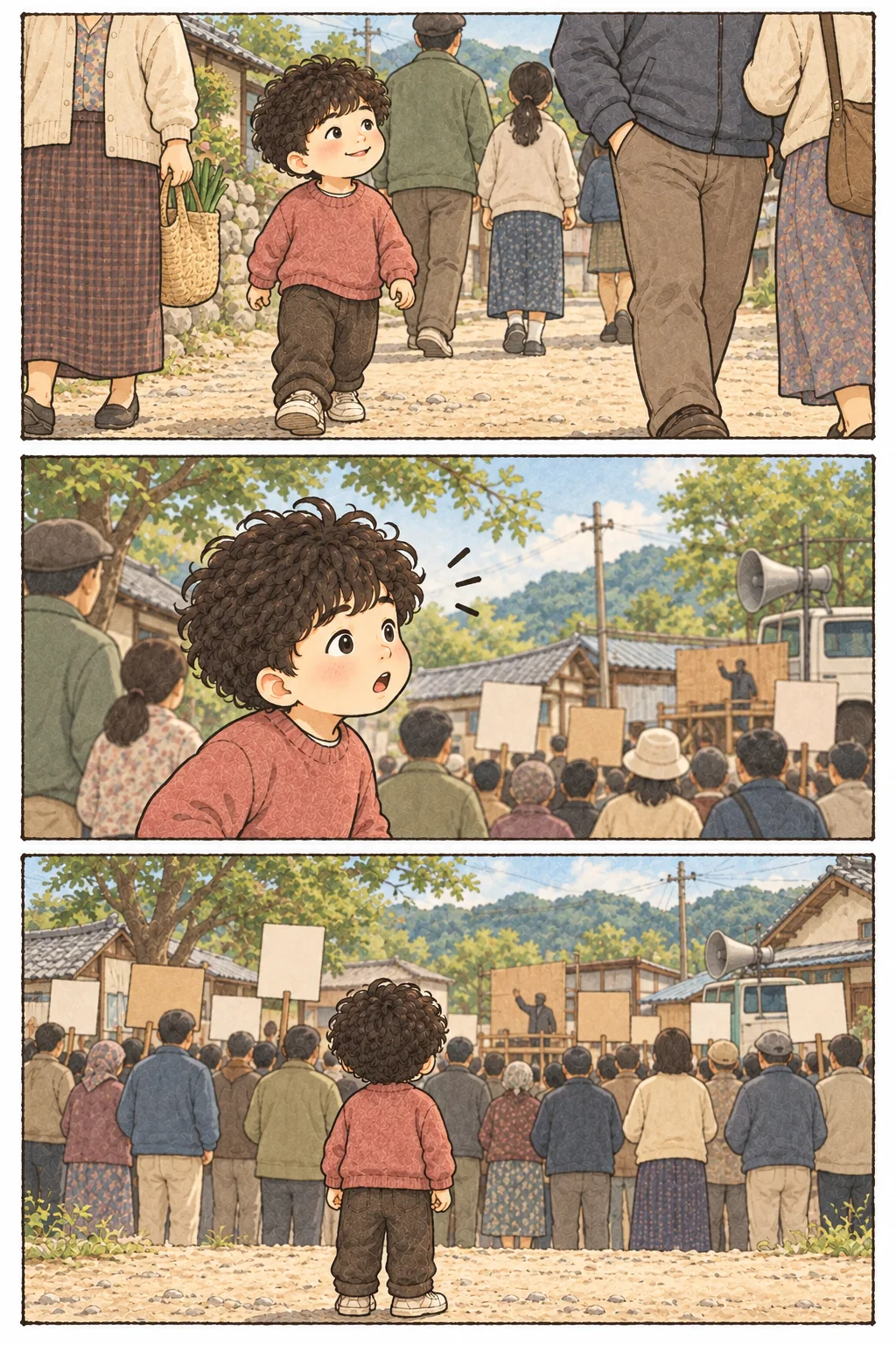 마을 골목을 걷던 아이가 사람들이 모인 유세장 쪽을 바라본다