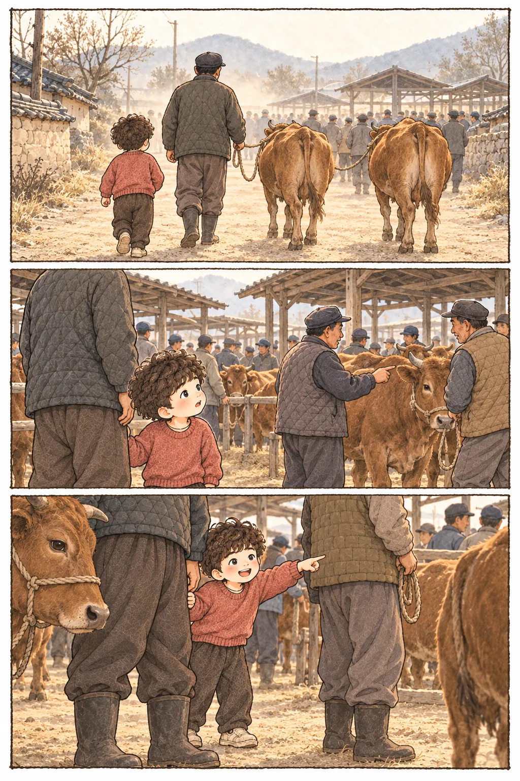 어른과 함께 시골 소 장터에 들어선 어린아이와 소들