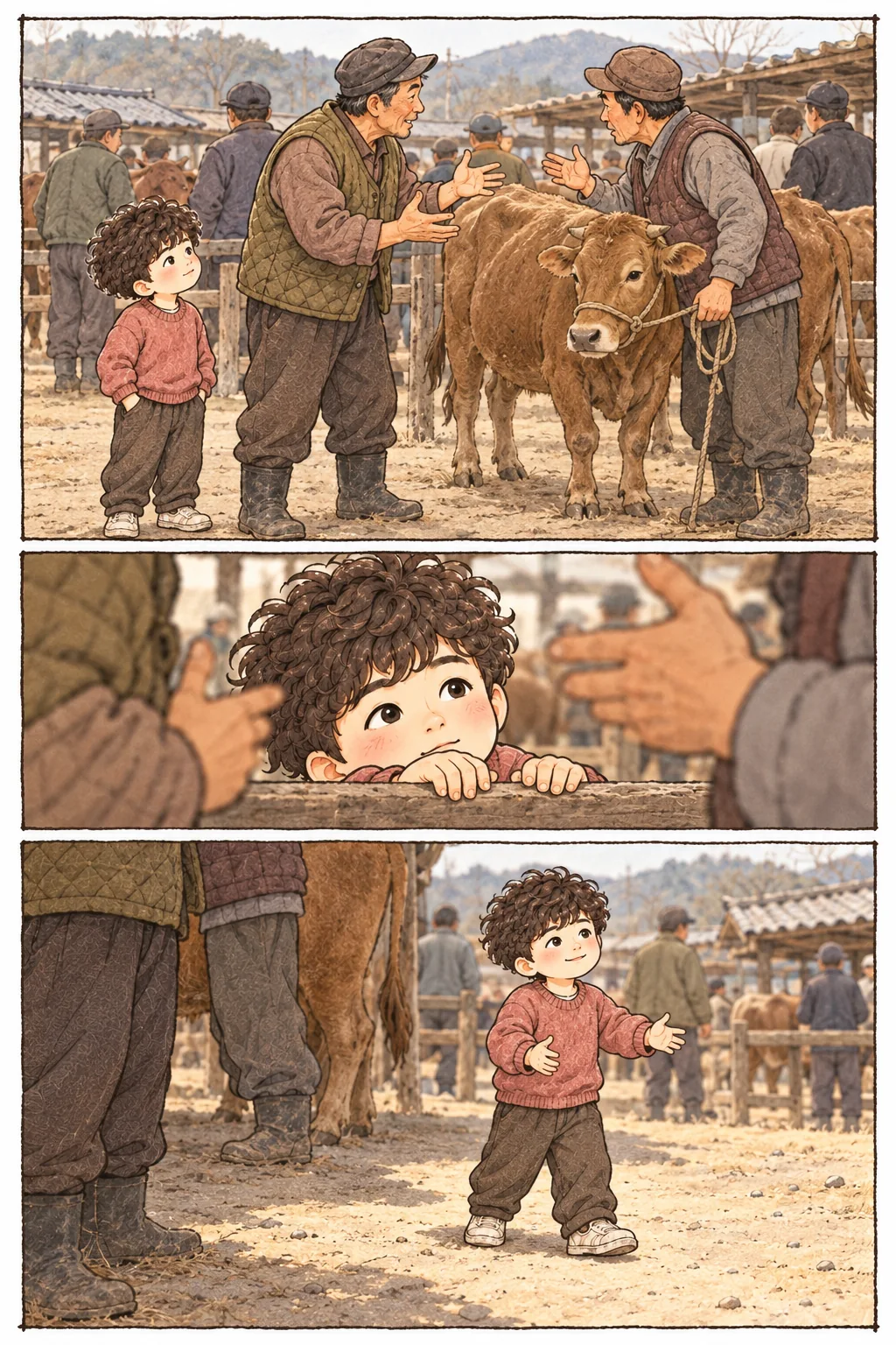 소 옆에서 흥정하는 어른들을 올려다보고 한 발 앞으로 나서는 아이