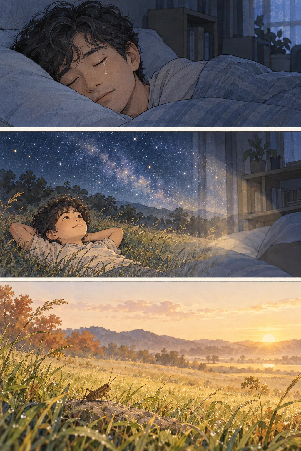 어른의 잠결에 어린 시절의 별밤이 겹치고 가을 들판에 다음 날의 해가 뜬다